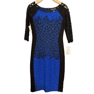 Frank Lyman Design Women’s Size 2 Cobalt Blue Black Lace Sleeves Sheath Dress